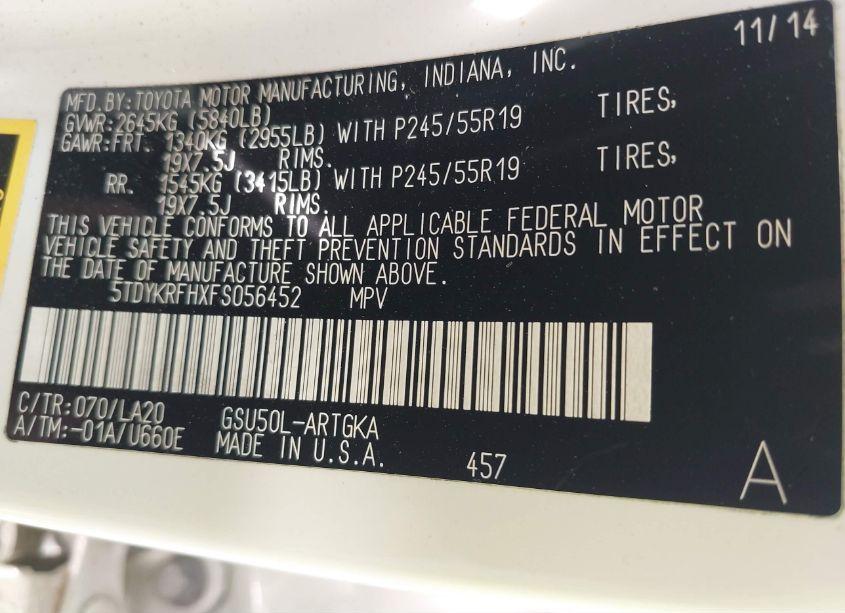 Photo 9 of 2015 Toyota Highlander LIMITED V6 (VIN 5TDYKRFHXFS056452)