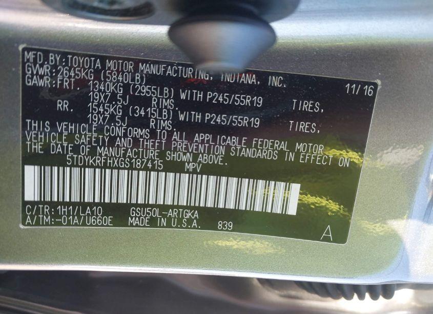 Photo 9 of 2016 Toyota Highlander LIMITED V6 (VIN 5TDYKRFHXGS187415)