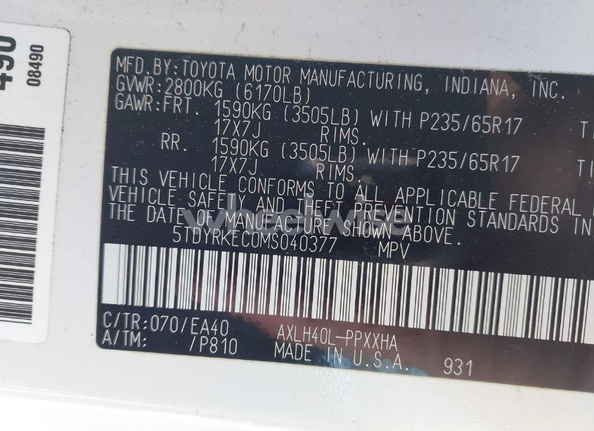 Photo 9 of 2021 Toyota Sienna XLE (VIN 5TDYRKEC0MS040377)