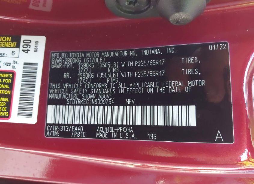 Photo 9 of 2022 Toyota Sienna XLE (VIN 5TDYRKEC1NS099794)