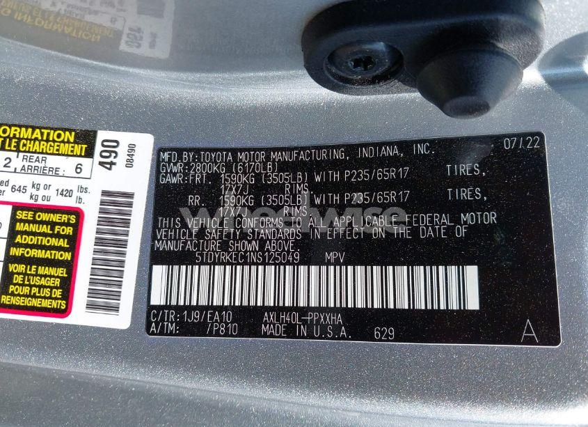 Photo 9 of 2022 Toyota Sienna XLE (VIN 5TDYRKEC1NS125049)