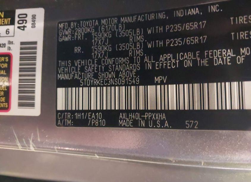 Photo 9 of 2022 Toyota Sienna XLE (VIN 5TDYRKEC3NS091549)