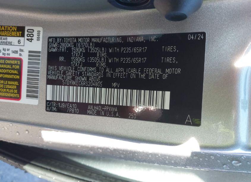 Photo 9 of 2024 Toyota Sienna XLE (VIN 5TDYRKEC6RS204805)