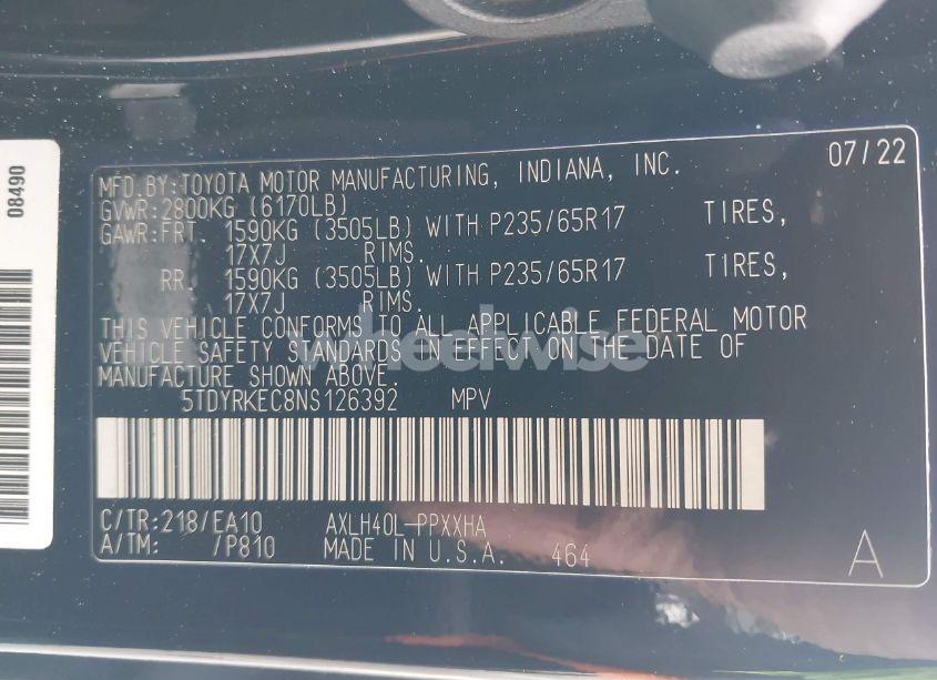 Photo 9 of 2022 Toyota Sienna XLE (VIN 5TDYRKEC8NS126392)