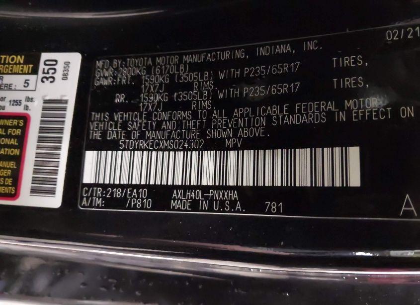 Photo 9 of 2021 Toyota Sienna XLE (VIN 5TDYRKECXMS024302)
