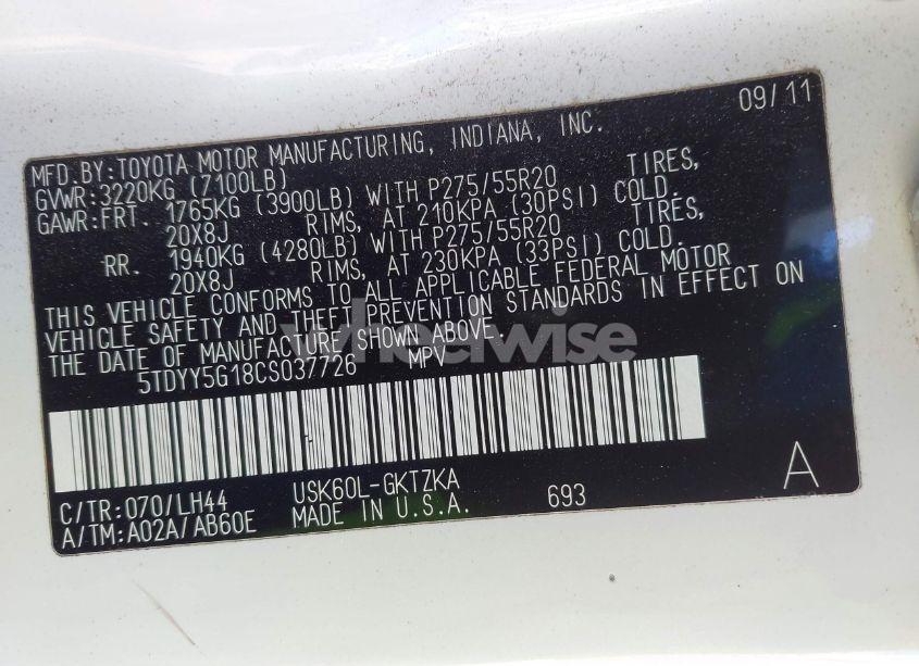 Photo 9 of 2012 Toyota Sequoia PLATINUM 5.7L V8 (VIN 5TDYY5G18CS037726)