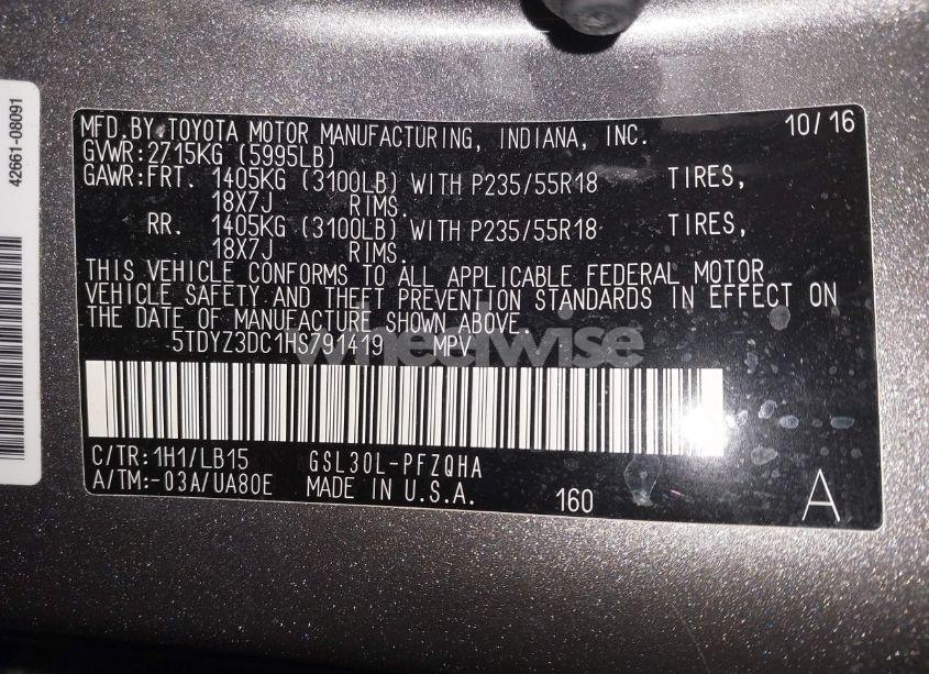 Photo 9 of 2017 Toyota Sienna LIMITED 7 PASSENGER (VIN 5TDYZ3DC1HS791419)