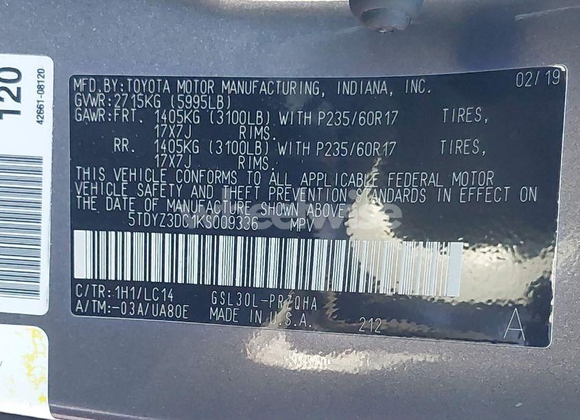 Photo 9 of 2019 Toyota Sienna XLE 8 PASSENGER (VIN 5TDYZ3DC1KS009336)