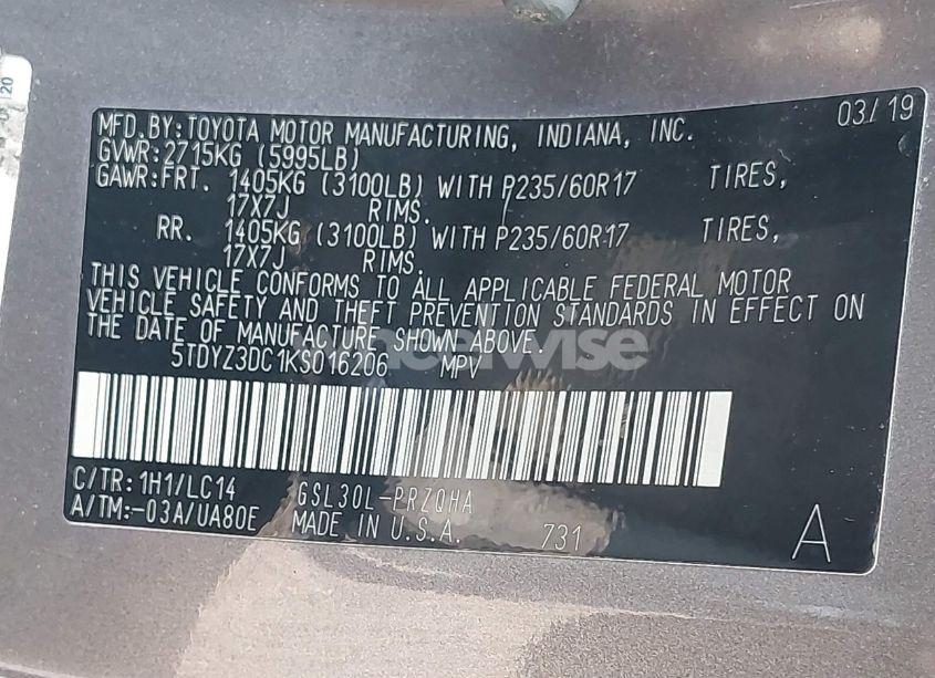 Photo 9 of 2019 Toyota Sienna XLE 8 PASSENGER (VIN 5TDYZ3DC1KS016206)