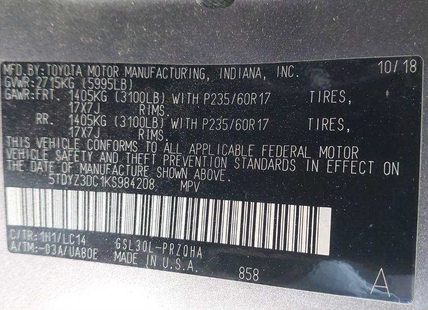 Photo 9 of 2019 Toyota Sienna XLE 8 PASSENGER (VIN 5TDYZ3DC1KS984208)