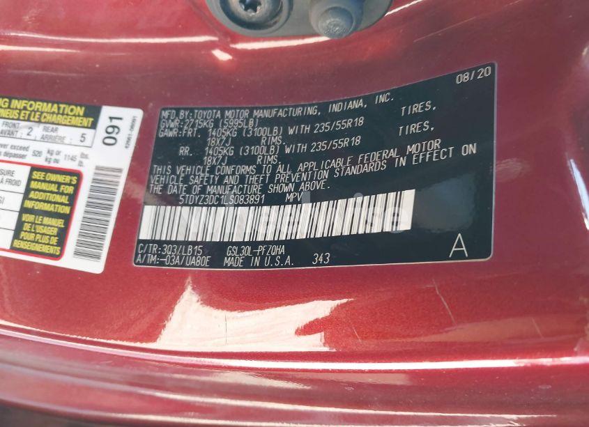 Photo 9 of 2020 Toyota Sienna LIMITED PREMIUM (VIN 5TDYZ3DC1LS083891)