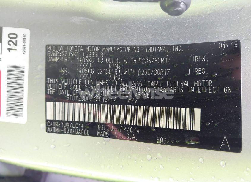 Photo 9 of 2019 Toyota Sienna XLE 8 PASSENGER (VIN 5TDYZ3DC2KS018742)