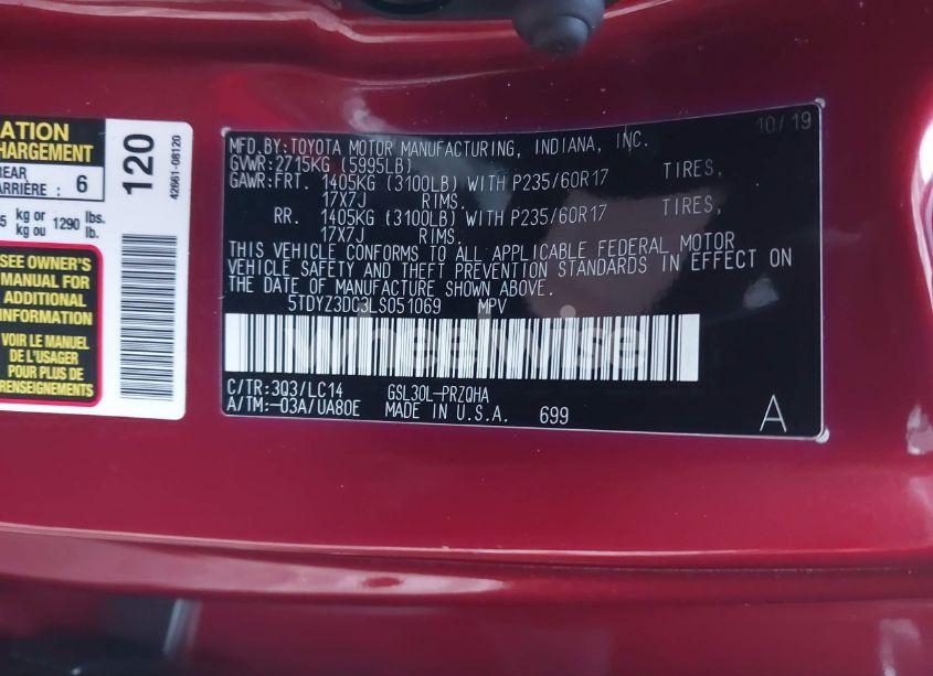 Photo 9 of 2020 Toyota Sienna XLE (VIN 5TDYZ3DC3LS051069)