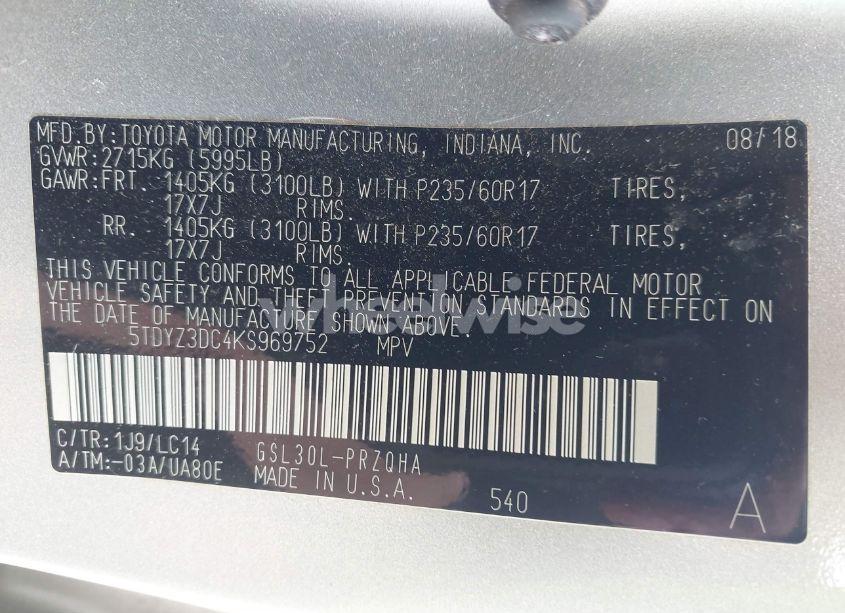 Photo 9 of 2019 Toyota Sienna XLE 8 PASSENGER (VIN 5TDYZ3DC4KS969752)