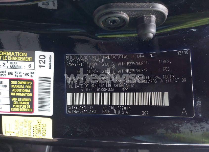 Photo 9 of 2019 Toyota Sienna XLE 8 PASSENGER (VIN 5TDYZ3DC4KS994036)