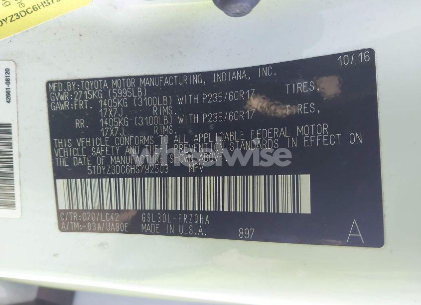 Photo 9 of 2017 Toyota Sienna XLE/LIMITED (VIN 5TDYZ3DC6HS792503)