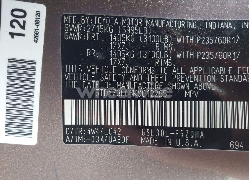 Photo 9 of 2019 Toyota Sienna XLE 8 PASSENGER (VIN 5TDYZ3DC6KS012295)