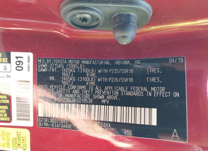 Photo 9 of 2019 Toyota Sienna LIMITED 7 PASSENGER (VIN 5TDYZ3DC8KS019538)