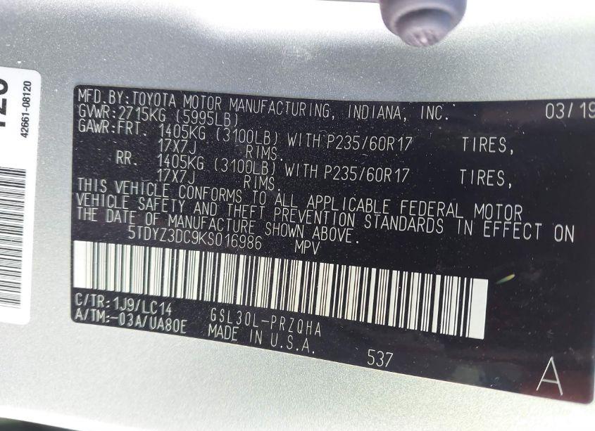 Photo 9 of 2019 Toyota Sienna XLE 8 PASSENGER (VIN 5TDYZ3DC9KS016986)