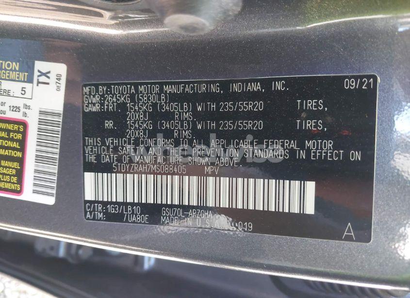 Photo 9 of 2021 Toyota Highlander LIMITED (VIN 5TDYZRAH7MS088405)