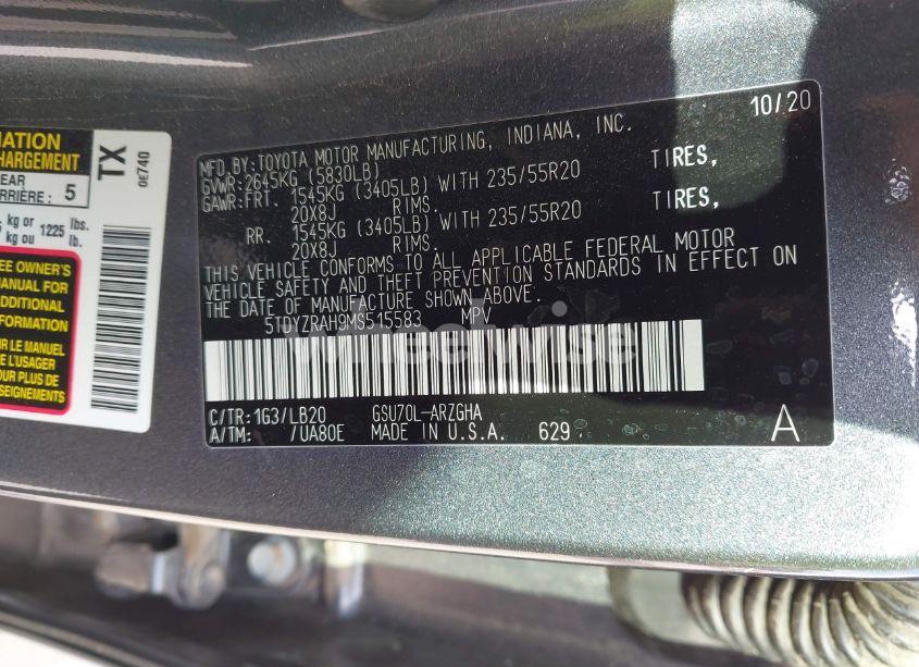 Photo 9 of 2021 Toyota Highlander LIMITED (VIN 5TDYZRAH9MS515583)