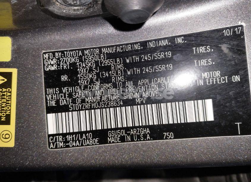 Photo 9 of 2018 Toyota Highlander LIMITED (VIN 5TDYZRFH0JS238634)