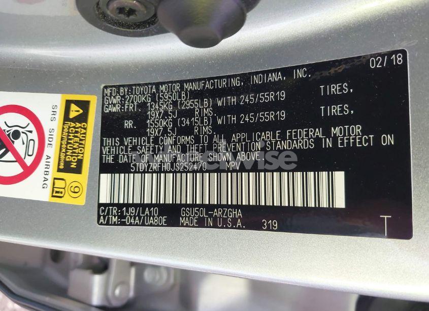 Photo 9 of 2018 Toyota Highlander LIMITED (VIN 5TDYZRFH0JS252470)