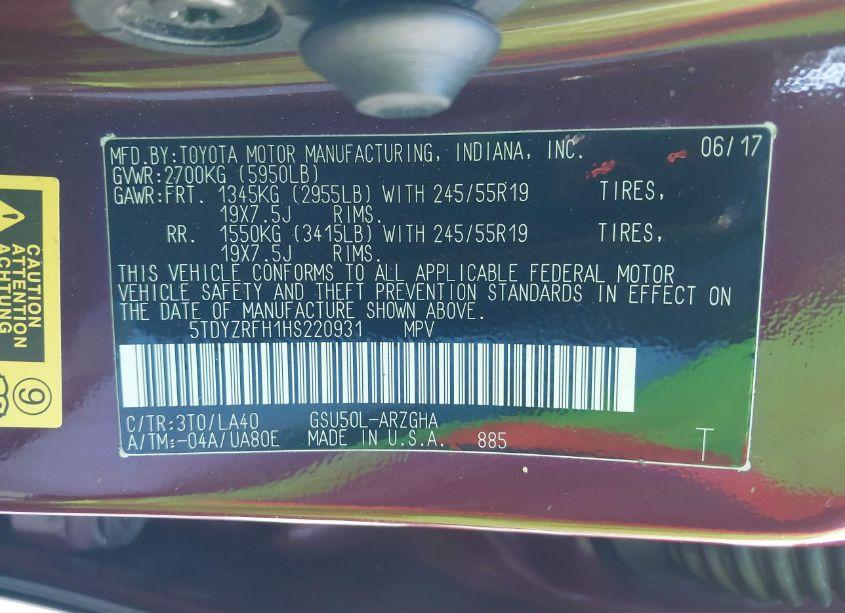 Photo 9 of 2017 Toyota Highlander LIMITED PLATINUM (VIN 5TDYZRFH1HS220931)