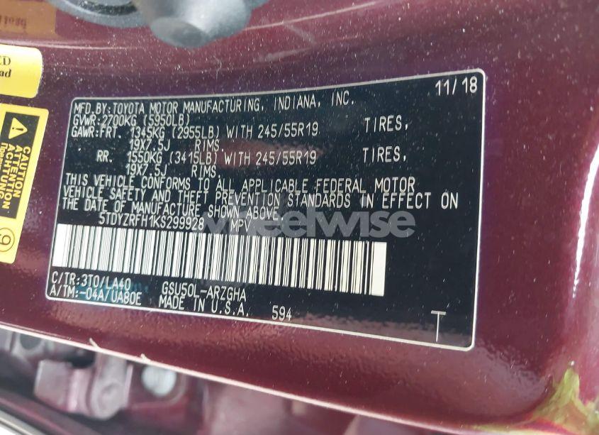 Photo 9 of 2019 Toyota Highlander LIMITED (VIN 5TDYZRFH1KS299928)