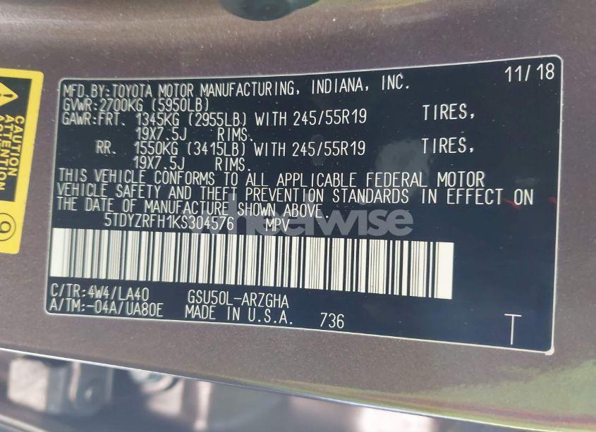 Photo 9 of 2019 Toyota Highlander LIMITED (VIN 5TDYZRFH1KS304576)