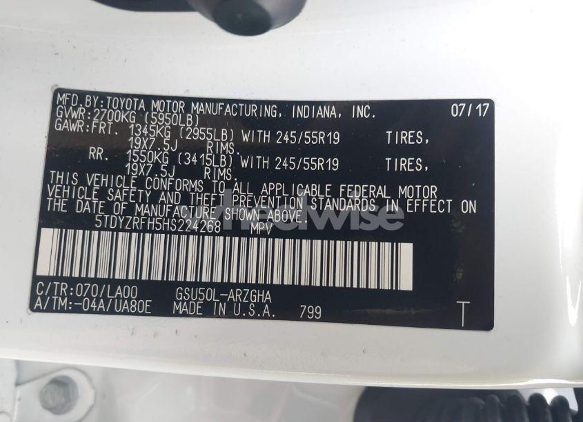 Photo 9 of 2017 Toyota Highlander LIMITED PLATINUM (VIN 5TDYZRFH5HS224268)