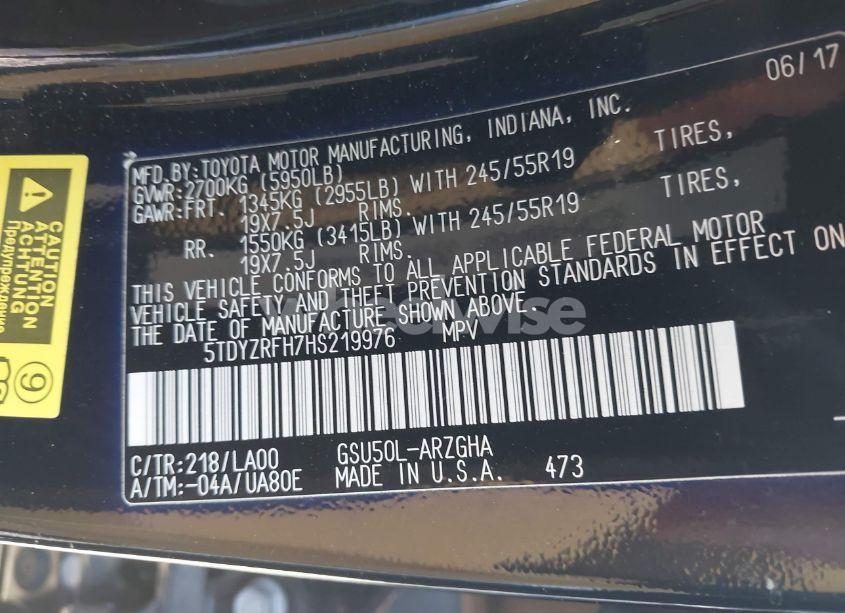 Photo 9 of 2017 Toyota Highlander LIMITED (VIN 5TDYZRFH7HS219976)