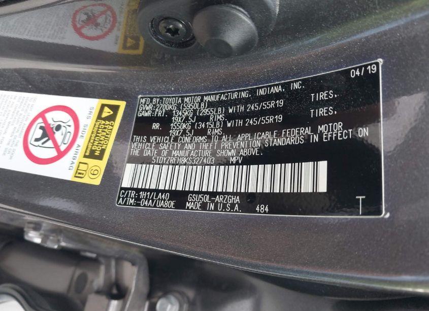 Photo 9 of 2019 Toyota Highlander LIMITED (VIN 5TDYZRFH8KS327403)