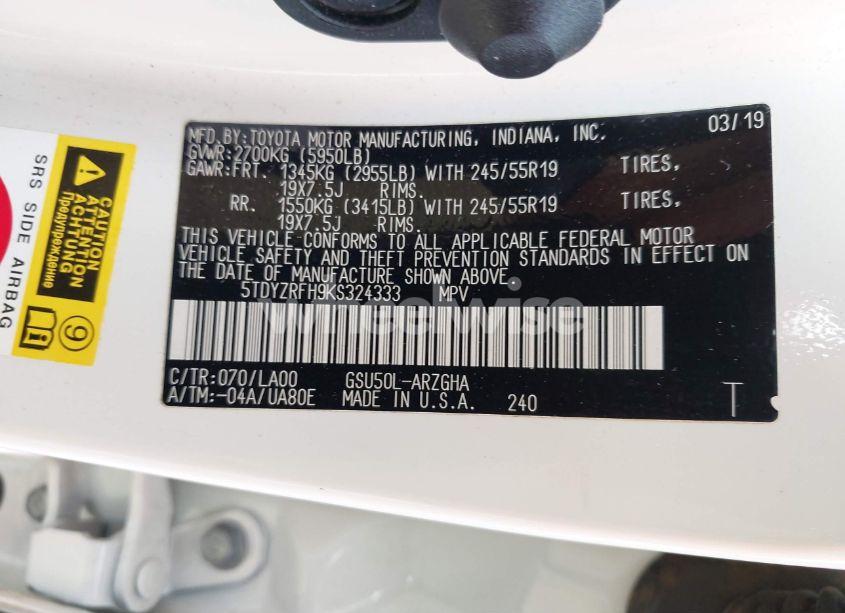 Photo 9 of 2019 Toyota Highlander LIMITED (VIN 5TDYZRFH9KS324333)