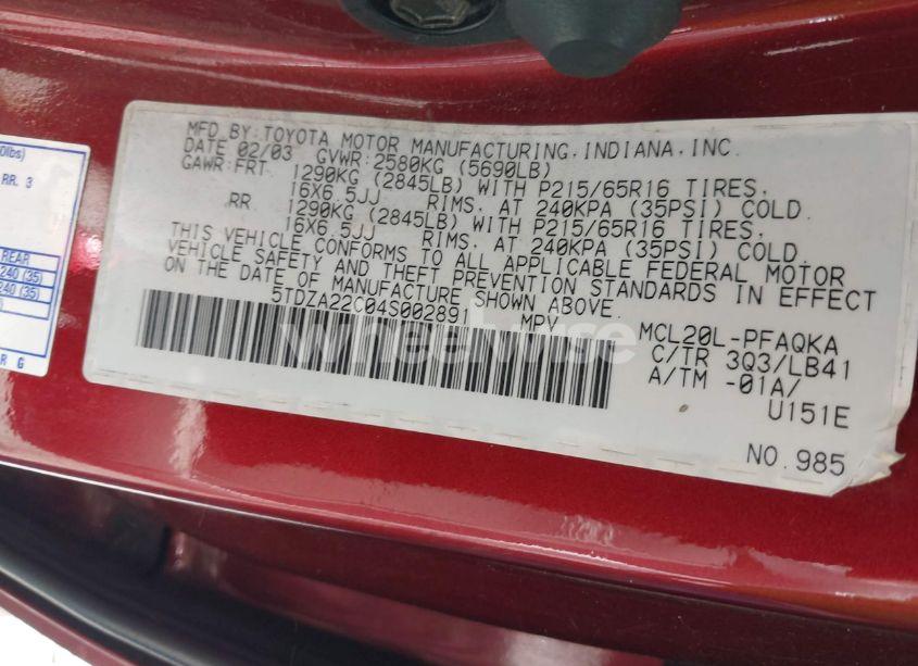 Photo 9 of 2004 Toyota Sienna XLE (VIN 5TDZA22C04S002891)