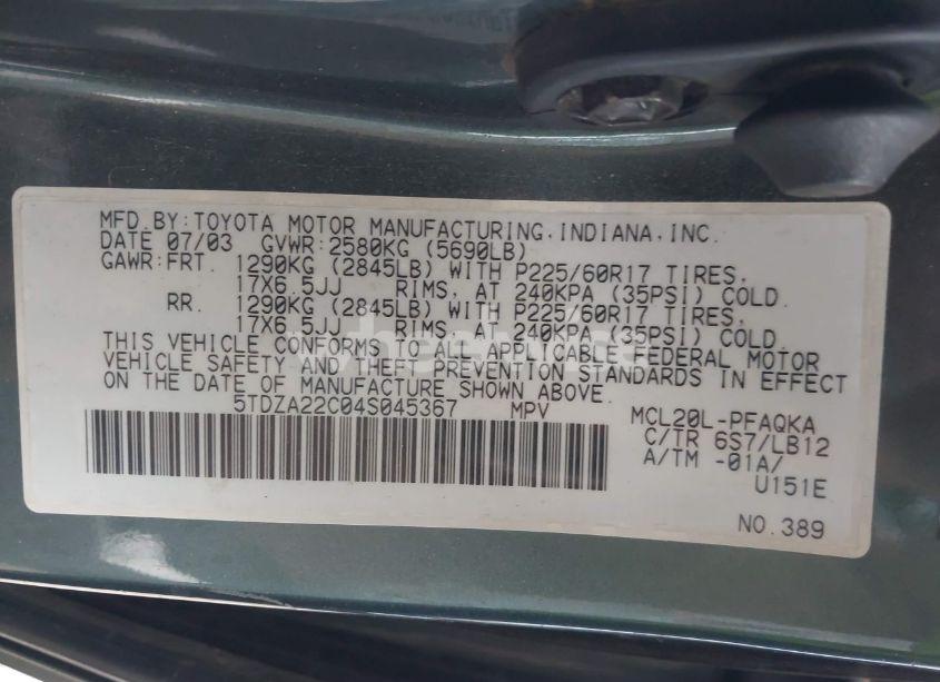 Photo 9 of 2004 Toyota Sienna XLE (VIN 5TDZA22C04S045367)