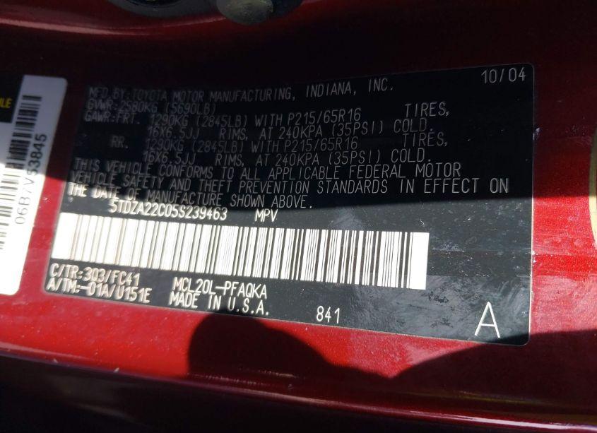 Photo 9 of 2005 Toyota Sienna XLE (VIN 5TDZA22C05S239463)