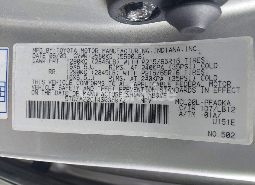 Photo 9 of 2004 Toyota Sienna XLE (VIN 5TDZA22C14S038072)