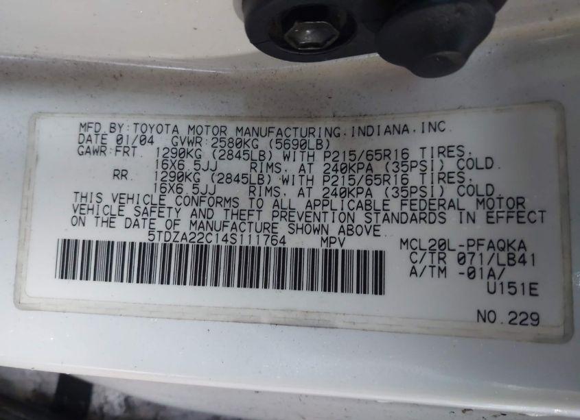 Photo 9 of 2004 Toyota Sienna XLE (VIN 5TDZA22C14S111764)