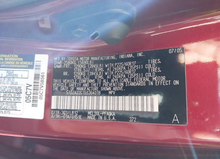 Photo 9 of 2005 Toyota Sienna XLE LIMITED (VIN 5TDZA22C15S364018)