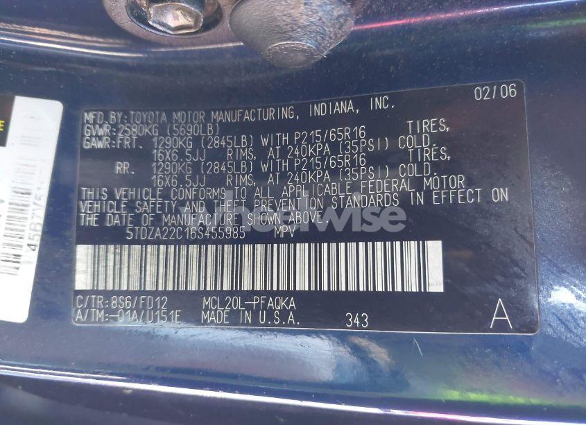 Photo 9 of 2006 Toyota Sienna XLE (VIN 5TDZA22C16S455985)