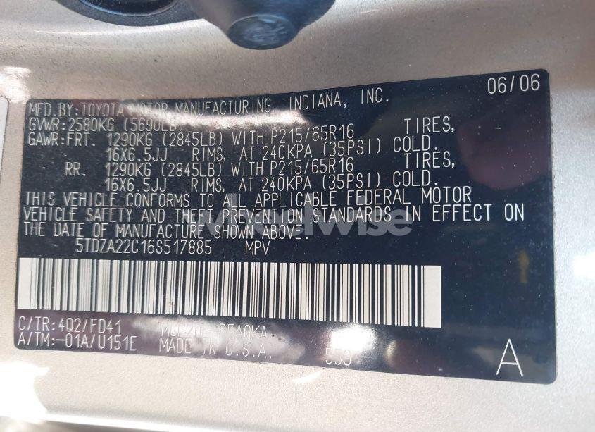 Photo 9 of 2006 Toyota Sienna XLE (VIN 5TDZA22C16S517885)