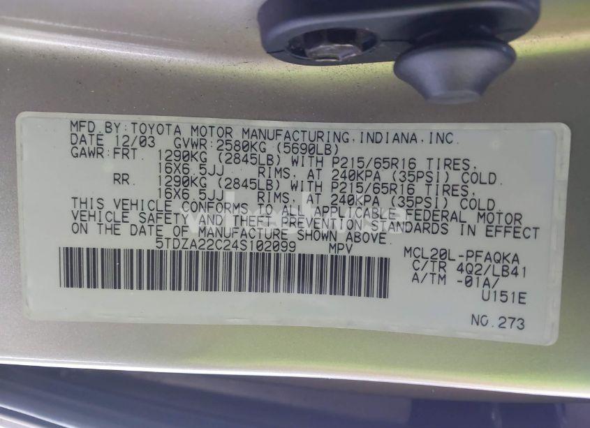 Photo 9 of 2004 Toyota Sienna XLE (VIN 5TDZA22C24S102099)