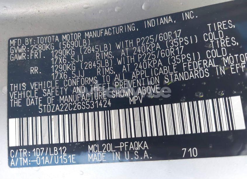 Photo 9 of 2006 Toyota Sienna XLE (VIN 5TDZA22C26S531424)