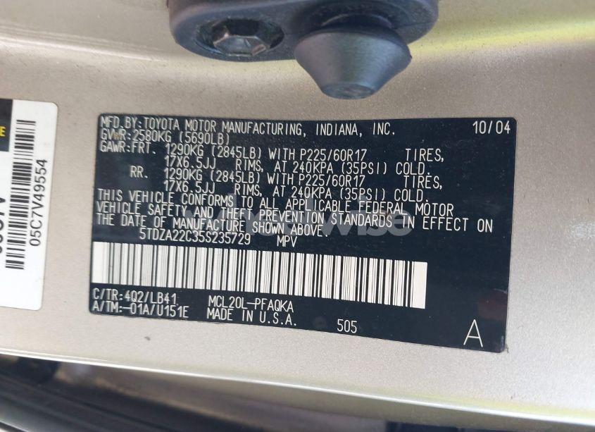 Photo 9 of 2005 Toyota Sienna XLE (VIN 5TDZA22C35S235729)