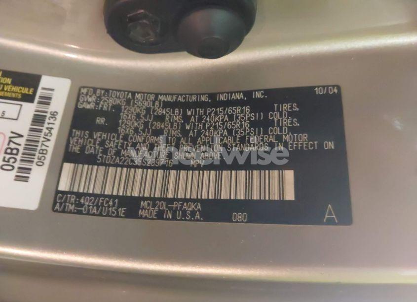 Photo 9 of 2005 Toyota Sienna XLE (VIN 5TDZA22C35S239716)
