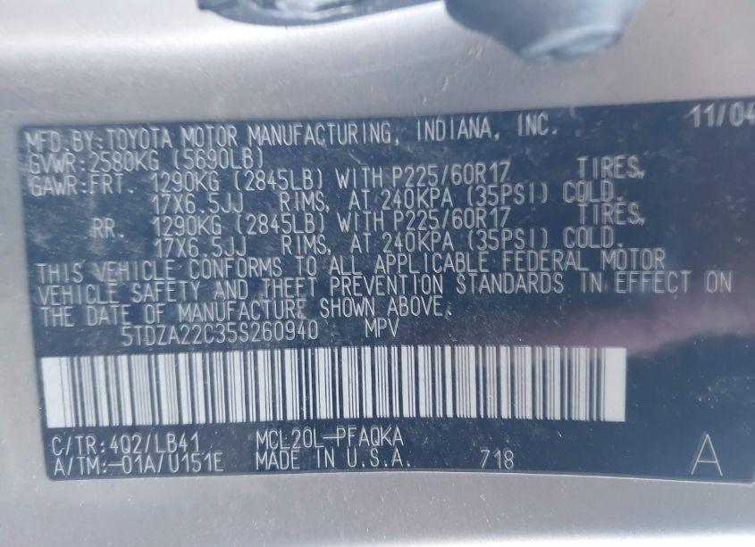 Photo 9 of 2005 Toyota Sienna XLE (VIN 5TDZA22C35S260940)