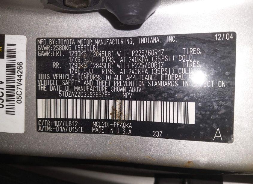 Photo 9 of 2005 Toyota Sienna XLE (VIN 5TDZA22C35S265765)