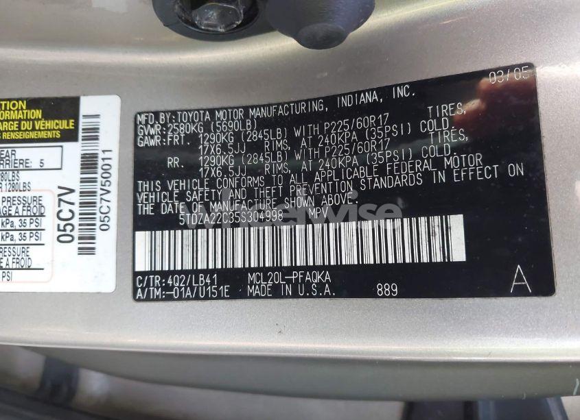 Photo 9 of 2005 Toyota Sienna XLE LIMITED (VIN 5TDZA22C35S304998)