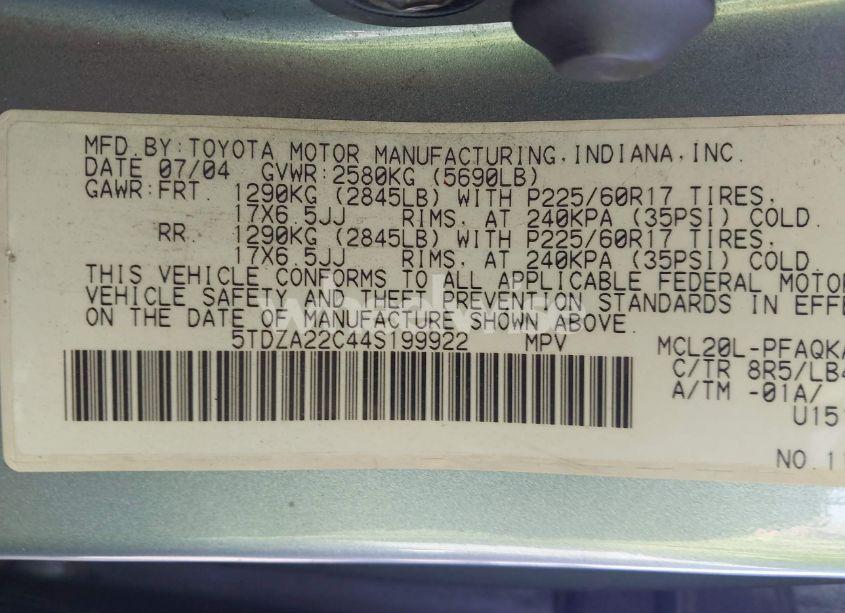 Photo 9 of 2004 Toyota Sienna XLE LIMITED (VIN 5TDZA22C44S199922)